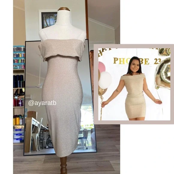 Meshki off shoulder champagne golden mini dress - Picture 1 of 4